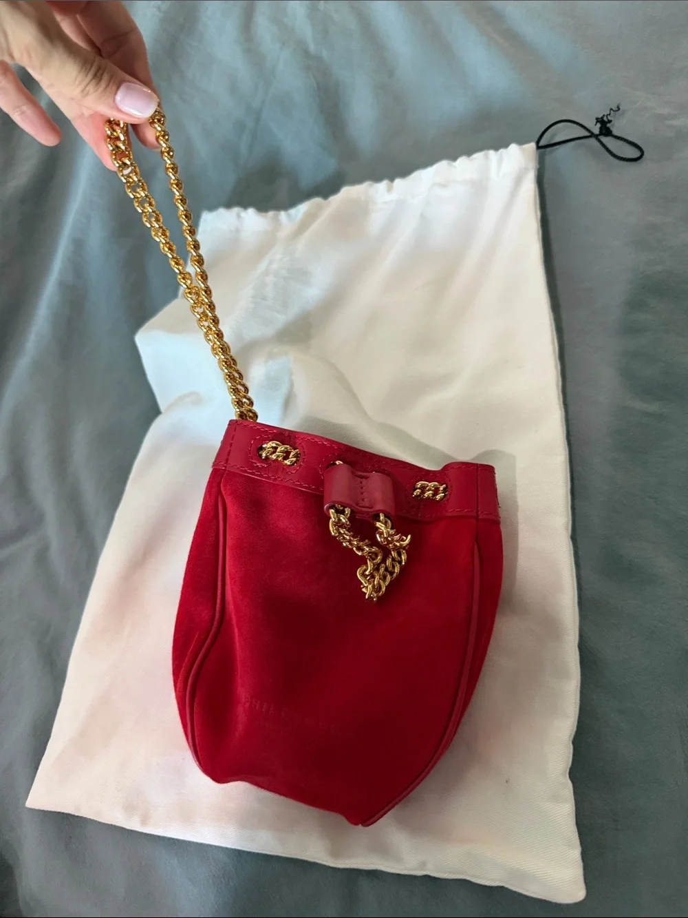 Philosophy di Lorenzo Serafini Red Suede Mini Bucket Bag w Gold Chain / Wristlet